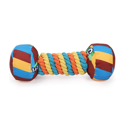 Colorful plush dumbbell toy for dogs with rope center and vibrant patterns