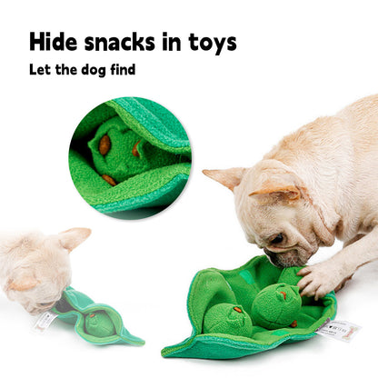 Dog searching for hidden treats in PuppHub Pea Pod Toy with text about toy's features.