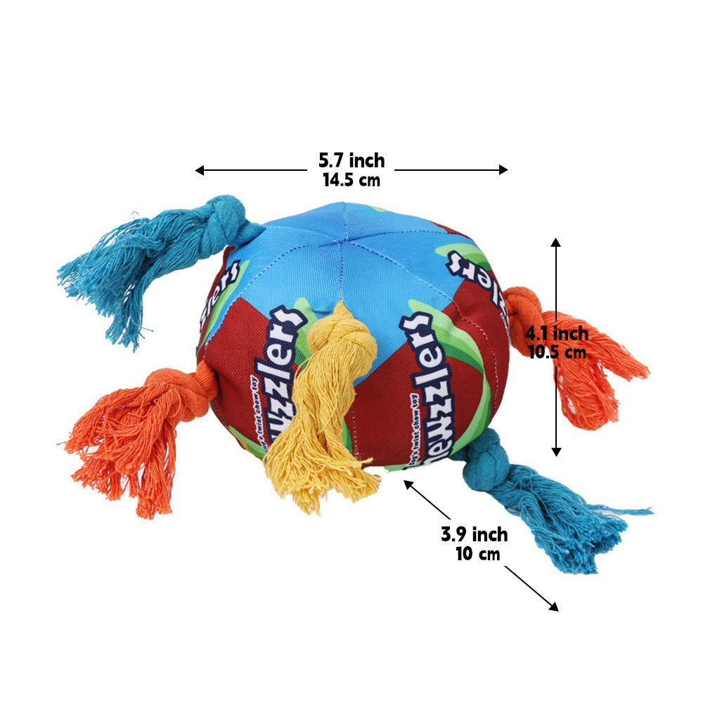 PuppHub Chewzzlers colorful plush ball toy with ropes, 5.7x4.1 inches.