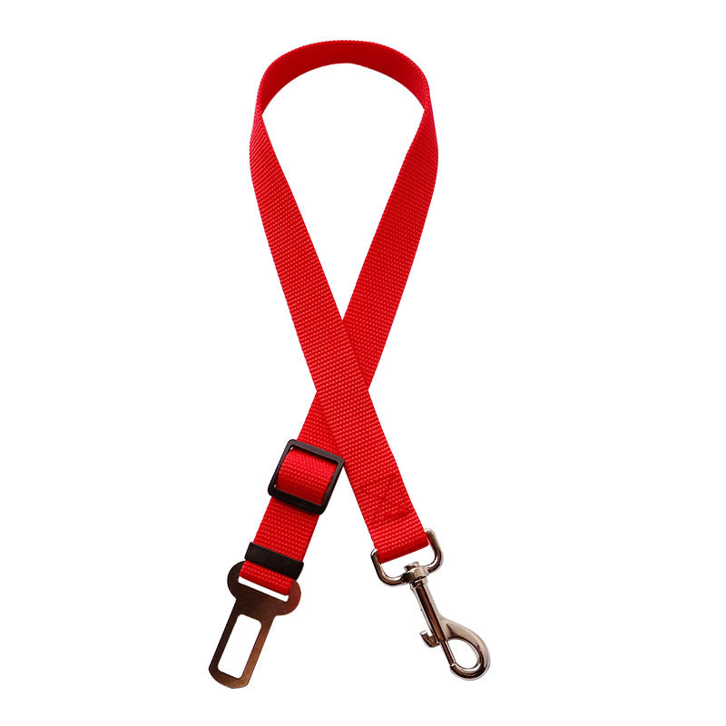 Red adjustable safety leash with quick buckle for secure pet travel.