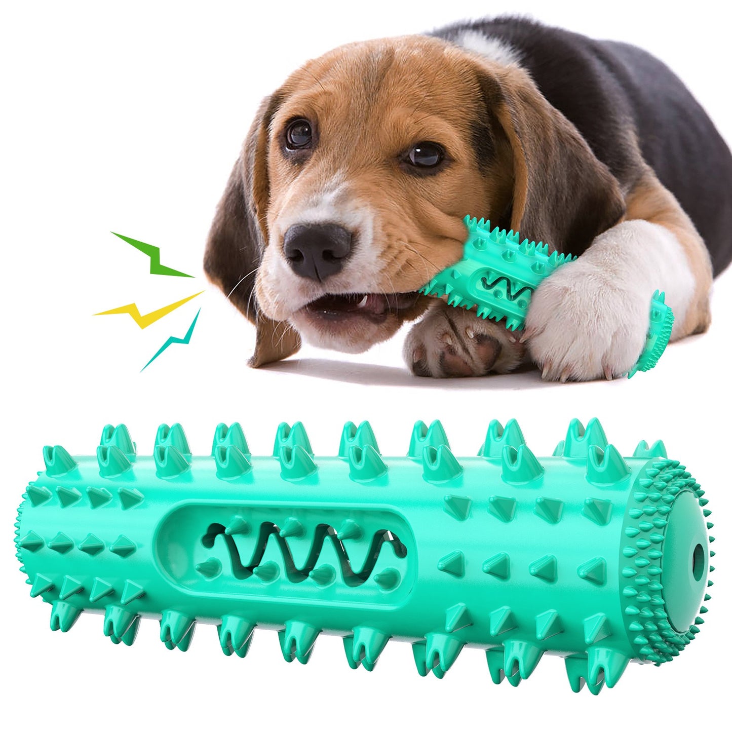 Dog enjoying the vibrant green dental chew toy with textured spikes