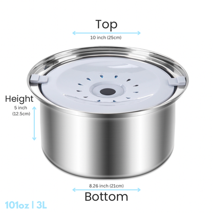 Dimensions of PuppHub's Zero Splash Ultra pet water bowl 3L with floating plate.