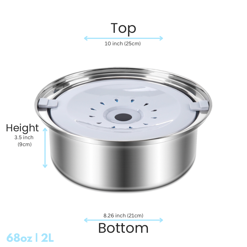 PuppHub Zero Splash Ultra pet water bowl 2L with floating plate, measurements included.