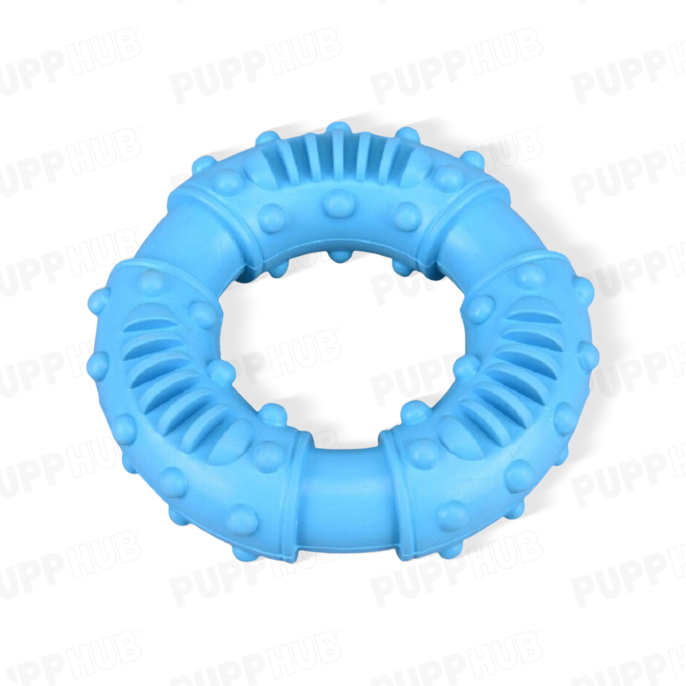 Blue interactive donut dog toy for power chewers, promotes dental health