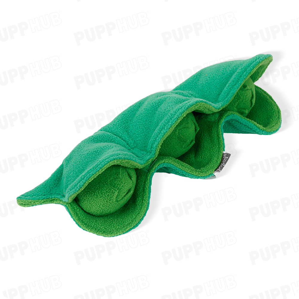 PuppHub Pea Pod Dog Toy with three squeaky peas in a soft green flannel design