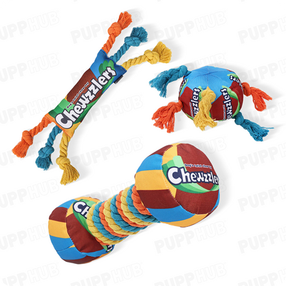 PuppHub Chewzzlers 3-in-1 Dog Toy Set featuring rope, ball, and dumbbell toys