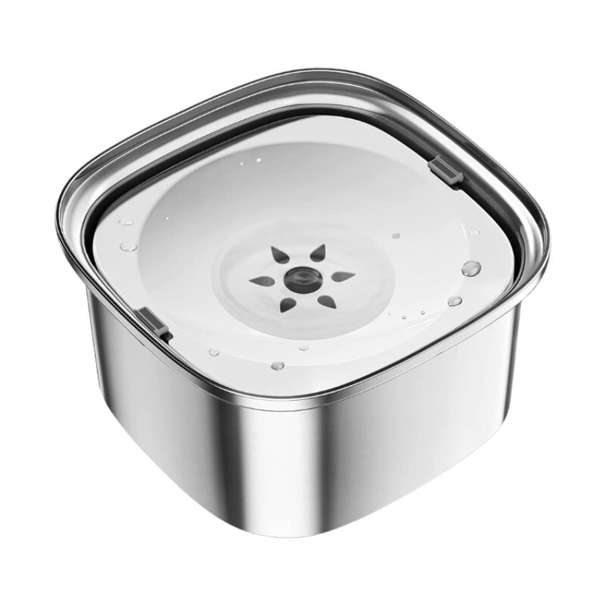 Stainless steel Zero Splash dog bowl with transparent floating plate and water.