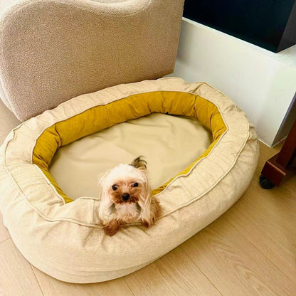 Small dog in cozy beige oval bed with yellow interior, showcasing ultimate comfort.