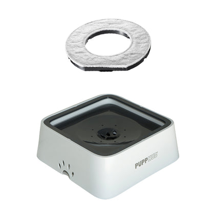 PuppHub Anti Splash Dog Bowl in white with removable carbon filter for spill-free drinking.