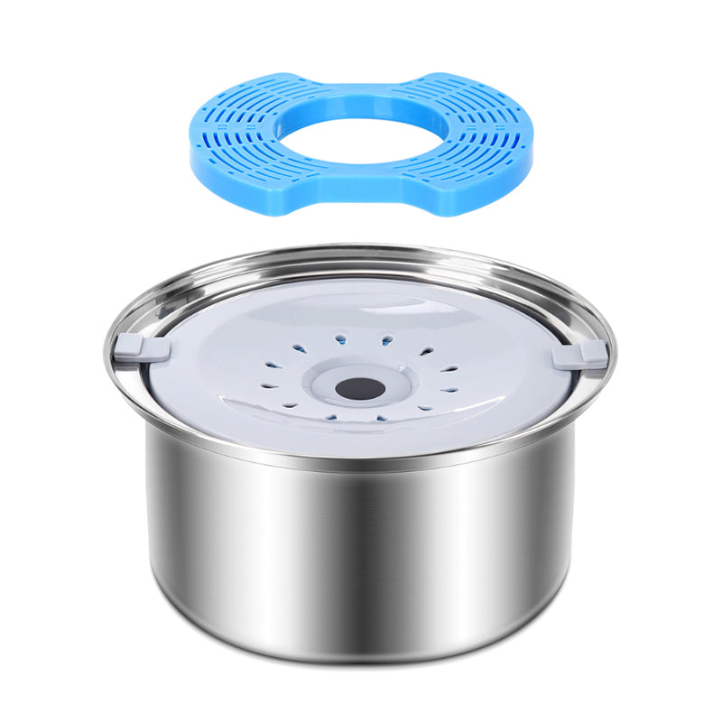 PuppHub Zero Splash Ultra stainless steel water bowl with blue floating plate and filter.