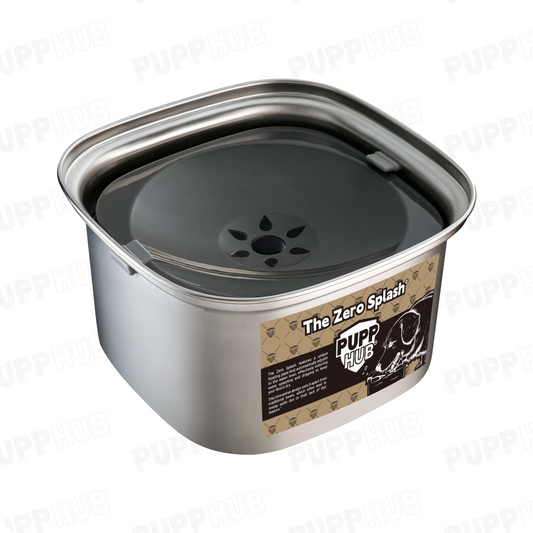 Zero Splash stainless steel dog bowl with floating plate and anti-spill design.