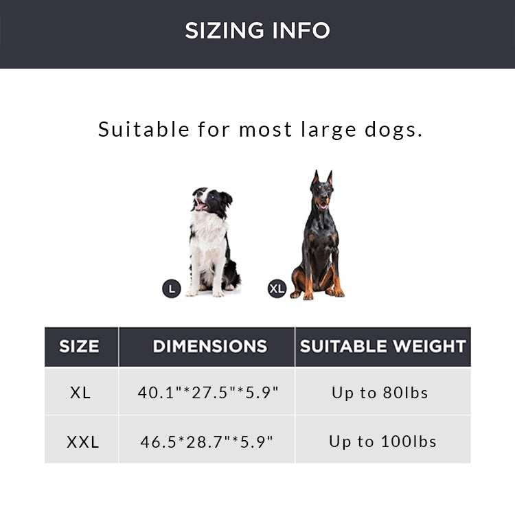 Sizing chart for large raised dog bed: XL 40.1"x27.5"x5.9", XXL 46.5"x28.7"x5.9".