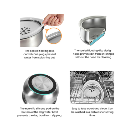 Components of Gallon Zero Splash Dog Bowl, featuring silicone plugs and easy disassembly.