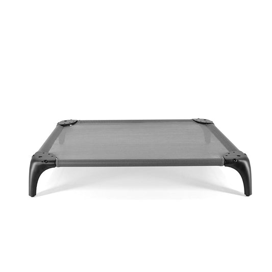 Large raised dog bed with mesh surface and sturdy legs for comfort.