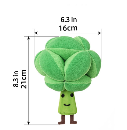 PuppHub green broccoli dog toy with cheerful design and size dimensions