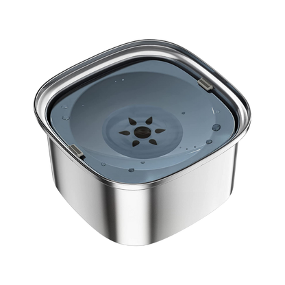 Close-up of Zero Splash stainless steel dog bowl with anti-spill floating plate.