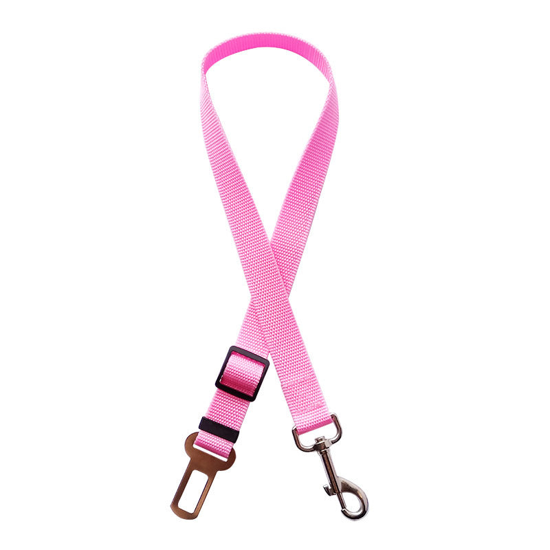 Pink adjustable travel safety leash with sturdy clip for pet car restraint.