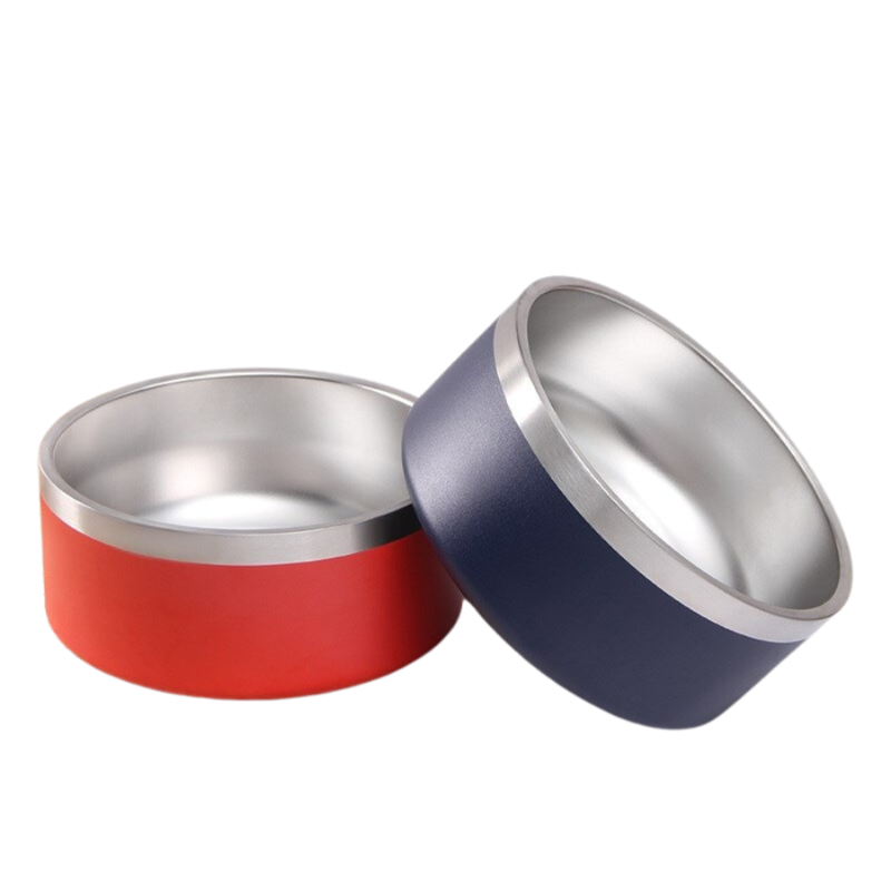 Pair of PuppHub non-slip stainless steel dog bowls in red and navy blue.