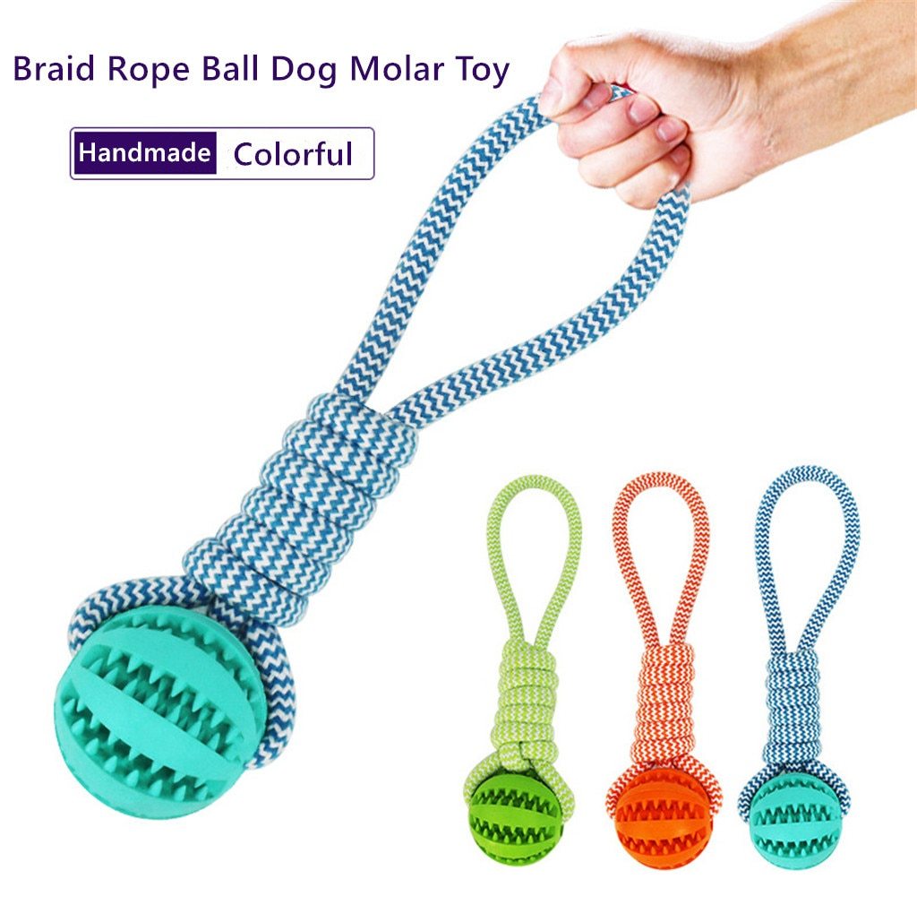 Colorful braid rope ball dog toy with handle for chewing and fetching