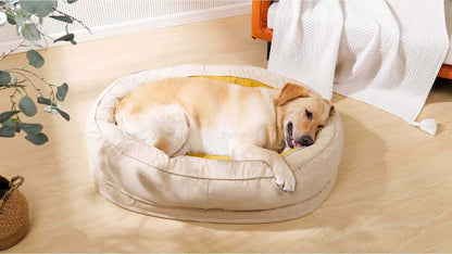 Labrador lounging in a plush beige dog bed with yellow lining for comfort