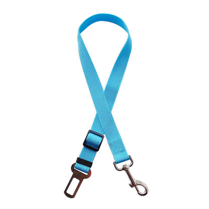 Blue adjustable travel safety leash with quick buckle for pet car safety.