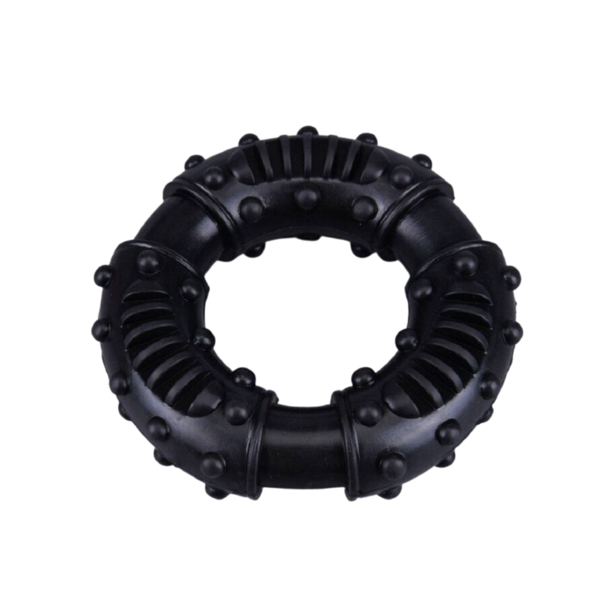 Black interactive donut toy for dogs, promotes chewing and dental care.