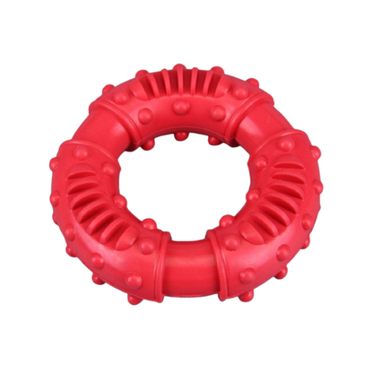 Red durable interactive dog toy promotes dental health and fun playtime.