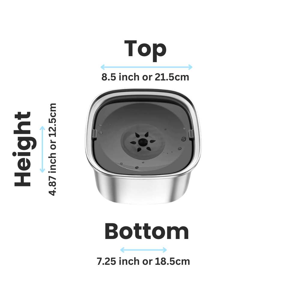 Top view of Zero Splash stainless steel dog bowl with size dimensions displayed.