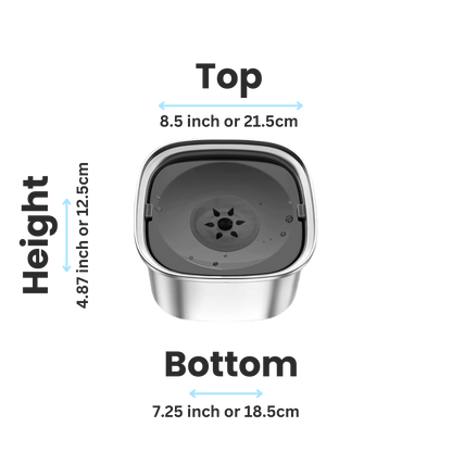 Top view of Zero Splash stainless steel dog bowl with size dimensions displayed.