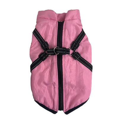 Pink winter dog jacket with built-in harness and zipper