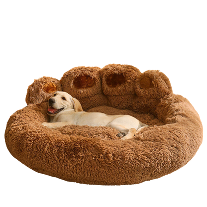 PlushPupp Bed in brown with paw design, showcasing a dog sleeping happily.