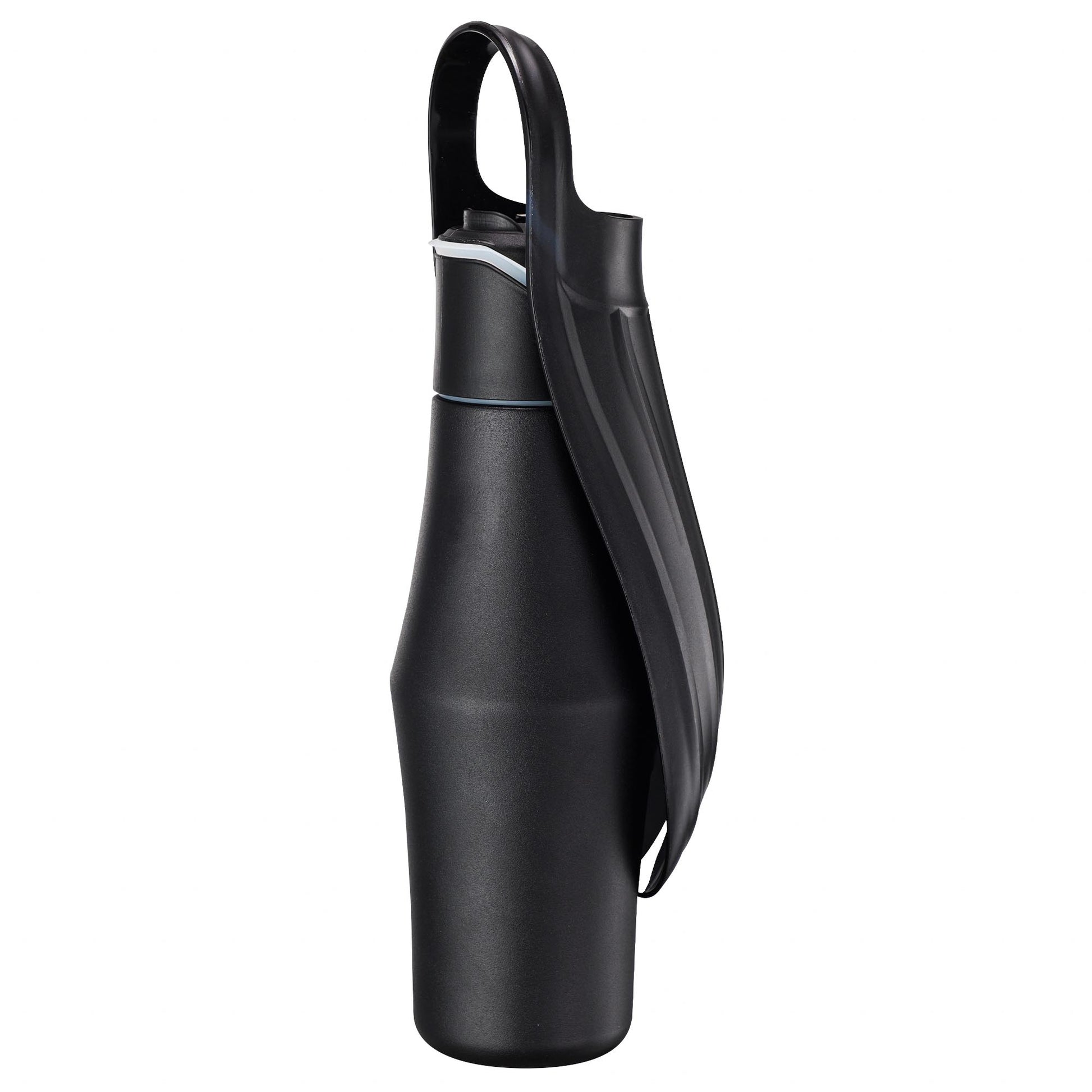 Compact black dog water bottle with bowl attachment for outdoor pet drinking.