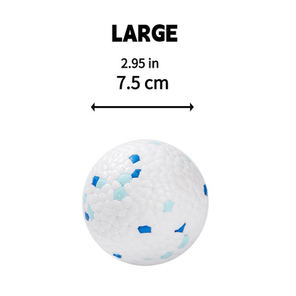 Large, white dog ball with blue accents, ideal for playful fetch sessions.