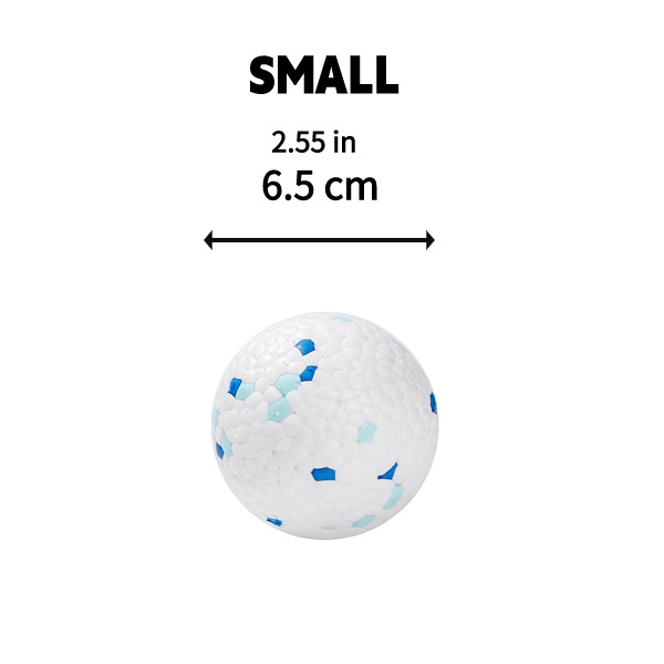 Small blue and white dog ball, ideal for fetch and interactive play.