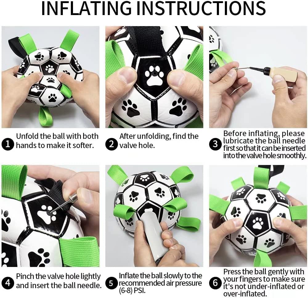 Inflating instructions for interactive dog soccer ball with paw prints