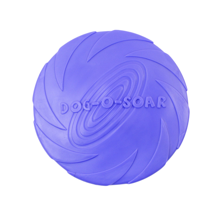 Purple rubber frisbee with spiral design for dogs; durable and easy to spot.