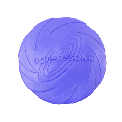 Purple rubber frisbee with spiral design for dogs; durable and easy to spot.