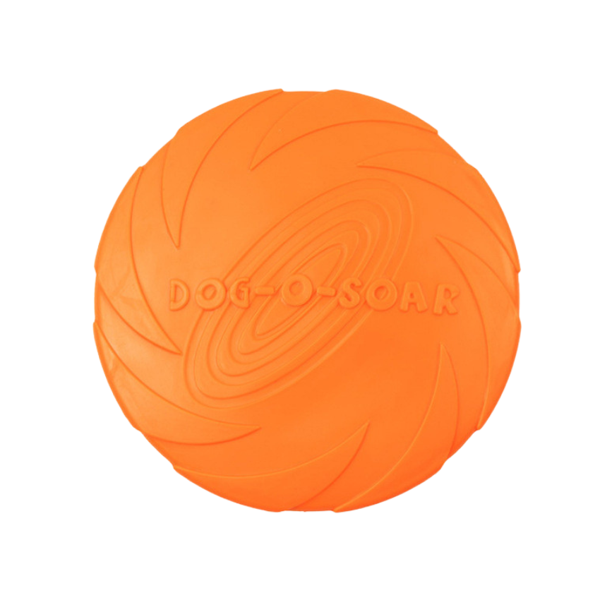 Orange Rubber Pupp Frisbee with spiral pattern and 'DOG-O-SOAR' text for dogs.