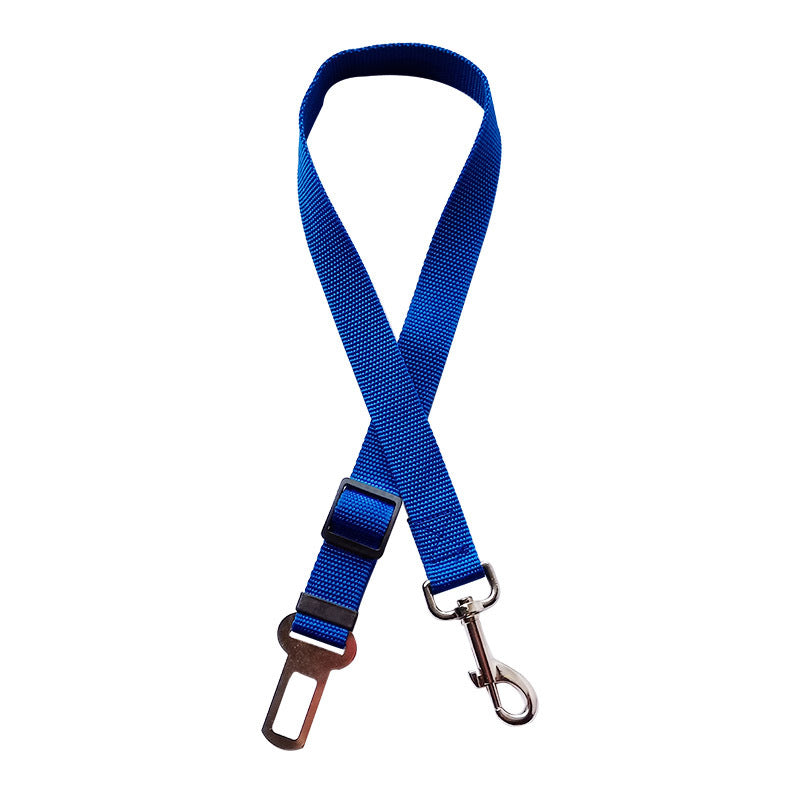 Blue adjustable travel safety leash with buckle for car pet safety.