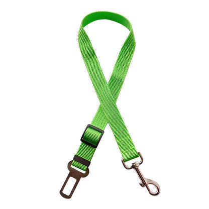 Green adjustable travel safety leash with quick buckle for pets.