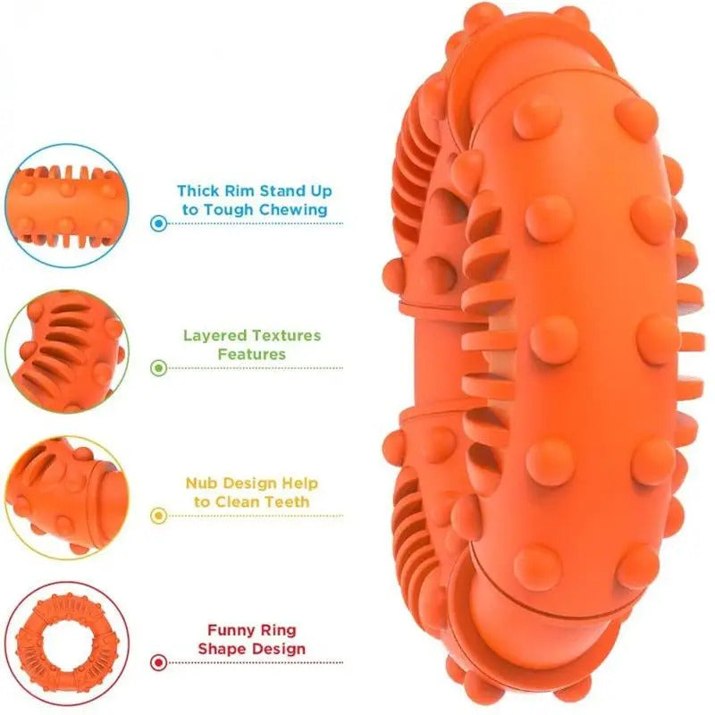 Durable orange interactive dog chew toy with nubs for dental health and fun playtime.