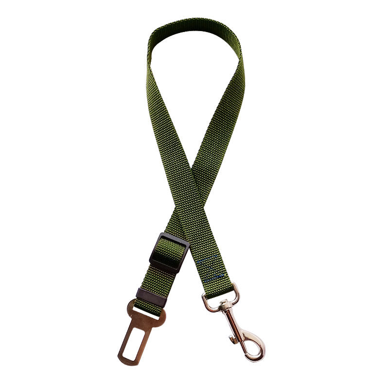 Green adjustable pet travel safety leash with quick buckle and strong clip.