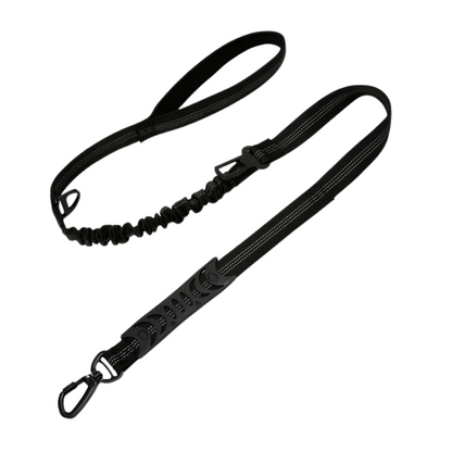 Black PuppHub Signature Leash with bungee cord, padded handles, and sturdy clasp.