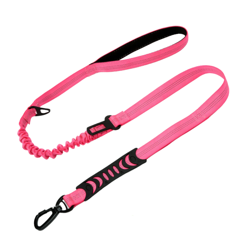 Bright pink PuppHub Signature Leash with bungee cord and padded grip handles